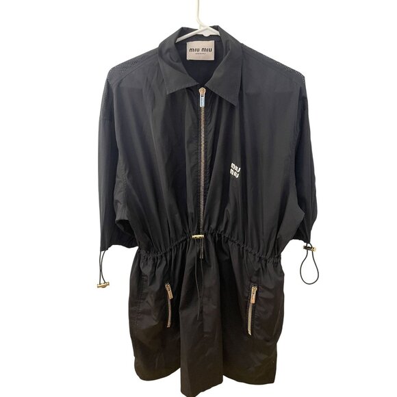 Miu Miu Black Nylon Short-Sleeve Jacket With Gold Zipper Details & Adjustable Wa - Picture 1 of 12